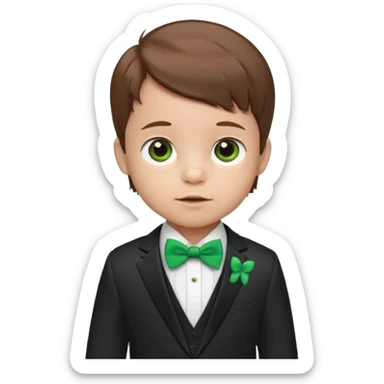 baby cute boy, brown hair in suit, with green bow sticker