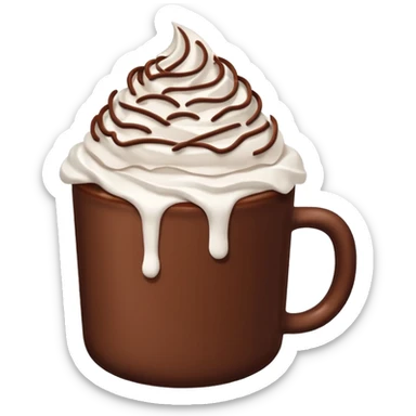 “hot chocolate emoji, whipped cream on top, chocolate shavings, cute, minimal, white background” sticker