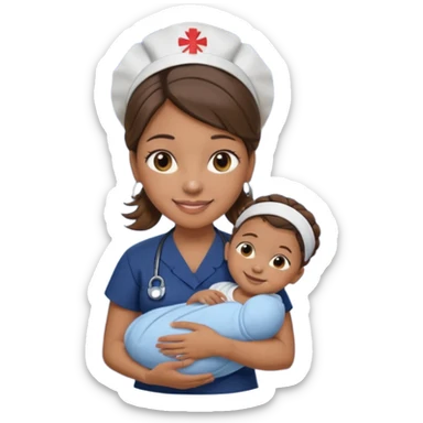 Female nurse smiling wearing no hat with her hair tied up in a roll on the top front of head with medium brown skin and brown eyes holding one new born with navy blue short sleeves sticker