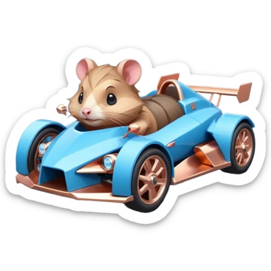 dark crystal blue and rosegold-accented faceted-body electric racing car driven by a small cute but fearless hamster with rear spoiler, roll bar, and wheely bar sticker