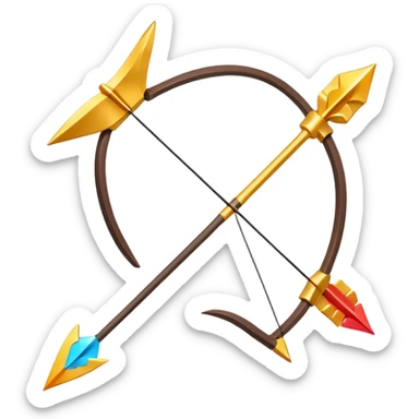 Clash of Clans aesthetic: Cinematic Playful Pixel 3D isometric  Bow & Arrow Emoji, rendered in a 3D vector-style similar to standard emojis with minimal shading and bold, simplified shapes. A compact, distinct form with signature details, softly glowing with a pixelated adventure charm. Simplified yet unmistakably iconic, highly detailed and consistent, glowing with a soft radiance and high shine. Stylized with a touch of classic pixel-art charm and a soft glowing outline, capturing the essence of a beloved gaming relic with a friendly, playful manner! sticker