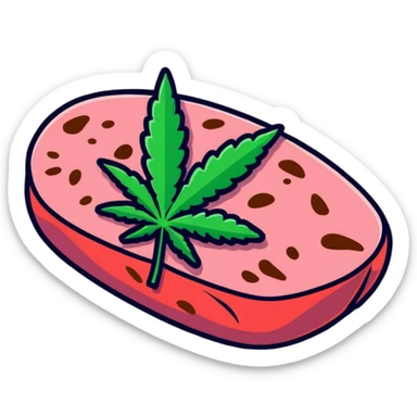 Pink wagyu steak with cannabis leaf decoration sticker