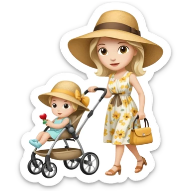 A stylish mother wearing a wide-brim hat, pushing a stroller. sticker