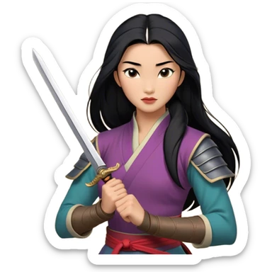 Cinematic Realistic Mulan Portrait, depicted with lifelike skin texture, soft natural lighting, and intricately detailed long black hair styled elegantly. Her deep, expressive eyes exude determination and grace, complemented by a serene yet confident expression. She stands with one hand resting on the hilt of her sword, the other by her side, exuding strength and poise. She is dressed in her classic attire, with rich fabric textures and delicate folds that catch the light beautifully. The portrait features a soft, enchanting glow with a natural, radiant finish, capturing the essence of timeless strength and beauty in a realistic and painterly style, evoking a sense of depth and authenticity. sticker