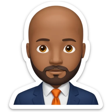 headshot of a sophisticated, stylish, bald head Caribbean black man with a beard and goatee in a navy blue suite, white shirt and dark orange tie sticker