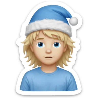 create boy blonde hair long messy, light eyes, white t shirt, rich, long hair, eyes blue, acessory head cristimas blue hat, long hair, fluffy hair sticker