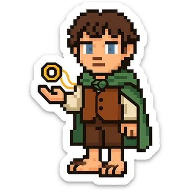 Whole body image of Frodo Baggins from the lord of the rings movie in pixel art style. Make Frodo look like the actor that portrayed him in the movie, Elijah Wood, blue eyes and dark curly hair. Frodo is wearing the same green elven cloak with the leaf buckle, brown vest, cream undershirt, dark brown leather short pants, and hairy hobbit feet. He is holding the one ring in the palm of his outstretched hand. the ring is golden yellow and a golden link chain necklace is strung through it. sticker