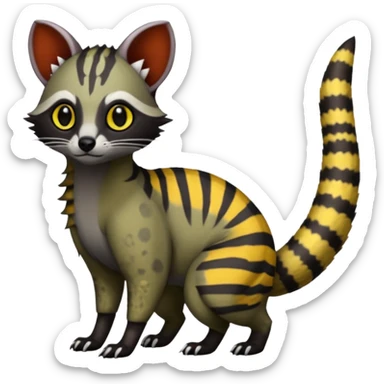 Rare warm-colored exotic edgy epic aesthetic gloomy spooky dark modern colorful cyber-Genet-Trico-Civet-species-Fakemon-hybrid-creature, with beautiful intricate markings, full body sticker