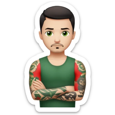 White young man with short black taper fade hair cut and slight goatee and neutral expression with his arms folded. Green eyes and black arm tattoos sticker