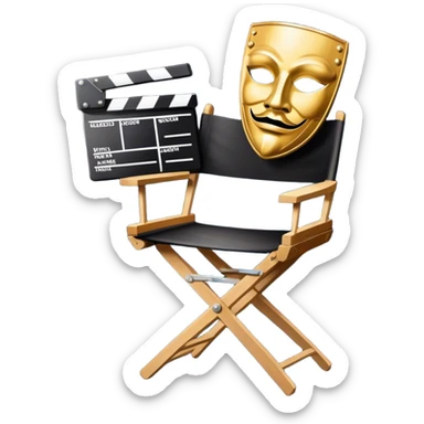 Icon for Acting: a theatrical mask, stage lights, a director’s chair, a script, a film camera and a clapperboard, representing the craft of acting in theater and film. Famous actor-star. The design should reflect creativity, performance, and storytelling. Transparent background. sticker