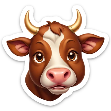 Cinematic Cute Domestic Bull Portrait Emoji, Head tilted playfully and inquisitively, with a sturdy, compact build and a smooth, polished coat of rich copper and brown hues accentuated by gently curved horns, round, sparkling eyes full of curious determination, Simplified yet irresistibly adorable features, highly detailed, glowing with a warm, friendly glow, high shine, affectionate and spirited, stylized with a touch of rustic charm, soft glowing outline, capturing the essence of a mischievous yet loving domestic bull that feels like it could trot out of the screen and into your arms! sticker