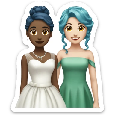 two girls, one girl in a green dress with blue hair. another girl with brown hair in a wedding dress sticker