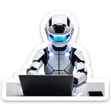 futuristic tech boy wearing a sleek robot helmet with a glowing white circle light in the center, sitting in front of an advanced high-tech laptop, neon-lit cyberpunk room with holographic displays and gadgets, focused posture, soft reflections on helmet, mysterious atmosphere sticker