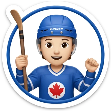 Set of 8 hockey sticker emojis for kids: happy player with a puck, tired player, celebratory player, player cheering, hockey helmet, hockey stick, ice rink, and team logo. sticker