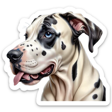 Cinematic Cute Yawning Harlequin Great Dane Portrait Emoji, Head tilted slightly with a dramatic, wide-open yawn, showcasing a smooth coat of predominantly white with bold black patches, floppy ears slightly drooping, round blue eyes barely open in drowsy contentment, Simplified yet irresistibly adorable features, highly detailed, glowing with a soft, cozy glow, high shine, relaxed yet expressive, stylized with a touch of whimsy, bright and endearing, soft glowing outline, capturing the essence of a sleepy yet affectionate guardian, so drowsy it feels like it could stretch out of the screen and curl up for a nap! sticker