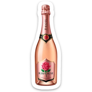bottle of sparkling rosé champagne with a rose logo on the label, tilted up and to the right, no glass sticker