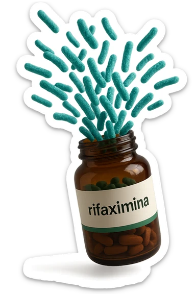 barattolo di medicinale con la scritta "rifaximina" sull'etichetta fluttua in aria, da dentro al barattolo escono batteri intestinali turchesi, iperrealistico 4k sticker