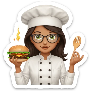 A female chef with glasses, dark brown long wavy hair, Green eyes and cooking a burger sticker