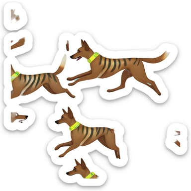  brindle brown black maroon striped lurcher Alsatian fox running blue eyes and iridescent holographic oilslick harness wearing paper iridescent tropical flower crown yellow caution tape sticker