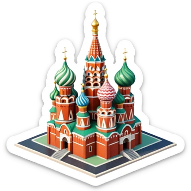 Isometric illustration of Moscow, featuring photorealistic Saint Basil's Cathedral with colorful onion domes, hand-drawn painterly details, subtle texture on bricks and roofs, realistic shadows and soft lighting, muted yet vivid color palette, diorama miniature effect. sticker