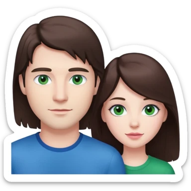 pink polaroid photo of a couple thats white with long brunette hair blue eyes and a white guy with short brunette hair and green eyes sticker