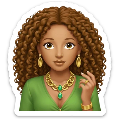 Mel B with brown long curly hair, green outfit sticker