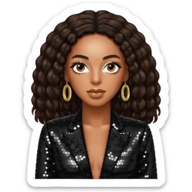 Solange with long dark brown hair, black sequin outfit sticker