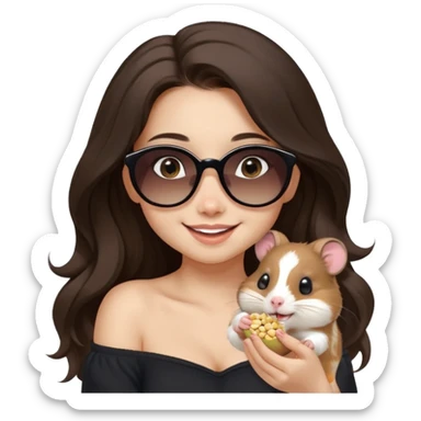 modern emoji of a young woman with light skin, long wavy dark brown hair, black off-shoulder top, warm eyes, soft smile, cute hamster with sunglasses on her shoulder eating a seed, both playful and happy, pastel or neutral background, clean cheerful charming style sticker
