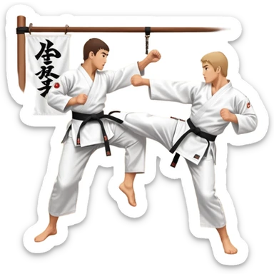 Two karate fighters in traditional gi sparring. One executes a high kick aimed at the opponent’s head, while the other blocks with a strong hand defense. The background features a classic dojo with wooden flooring and banners. Dynamic motion and focused expressions. Transparent background. sticker