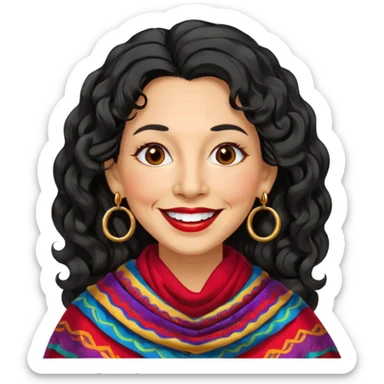 60 yr old peruvian woman, wavy/curly long black hair, red lipstick, big smile, white teeth, brown eyes, hoop earings, side part to hair, round face sticker