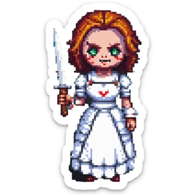 Chucky's bride with a mischievous expression holding a knife in pixel art style sticker