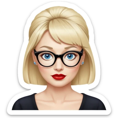 Woman in her early 50s with pale skin, wider face, blue eyes with eyeliner, thin eyebrows, red lipstick, blonde updo with bangs, wearing a black glasses  sticker