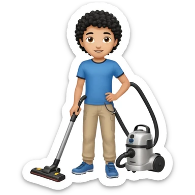 Emoji to encourage kids to do chores - should contain something about house chores, ok replace the broom with a vaccum make it atheltic boy 8 years old - egyptian with curly hair sticker