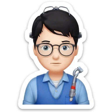 Plumber with black hair, glasses and blue eyes and salopette sticker