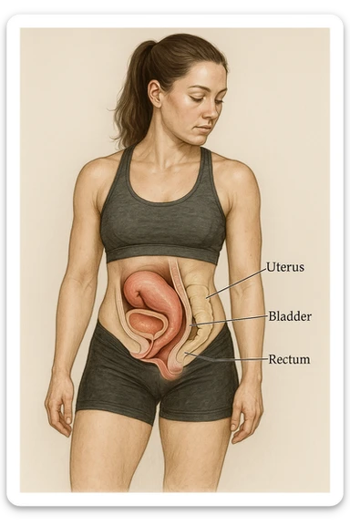 realistic anatomical illustration of a woman in sportswear inspired by reference photo, showing pelvic organ prolapse: highlighting uterus, bladder, and rectum, medical style, neutral background sticker