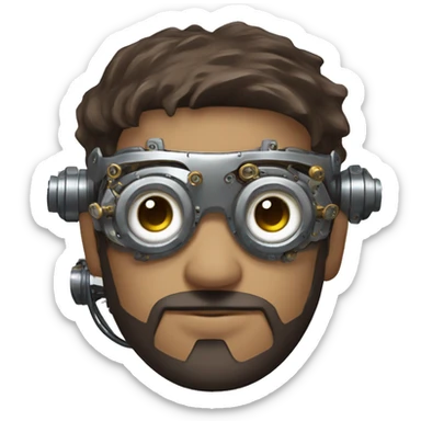male cyborg head with brown short hair, brown beard, silver steampunk goggles and circuitry sticker