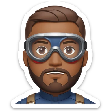 sam wilson with very short, neatly cropped and a well-groomed beard that connects to his mustache,  wear sleek, red-tinted tactical goggles fit snugly from captain america: civil war sticker