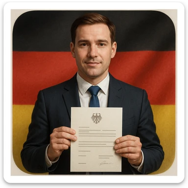realistic style portrait of a person in business attire holding an official document, with German flag colors, for a citizenship app icon sticker