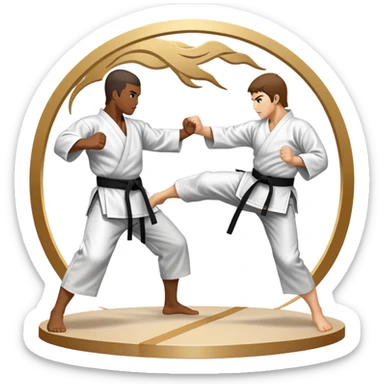 An icon symbolizing traditional Karate, featuring two opponents in a fierce battle. One fighter is delivering a high kick, while the other blocks the attack with a strong defense. The background reflects the calm yet intense atmosphere of a dojo, with traditional elements. Transparent background  sticker