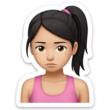 A tan girl with black hair in a ponytail. Wearing a pink tank top. Looking sad sticker