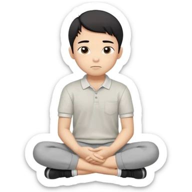 Cartoon Asian boy sitting cross-legged, clearly resting his closed fist against his cheek, looking thoughtful with a slight smirk. White polo, gray pants, black shoes, large eyes, short black hair. Clean vector style, flat colors, black background. sticker