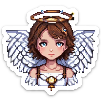 gothic girl with fair skin and short brown hair, angel wings and a halo, pixel art style sticker