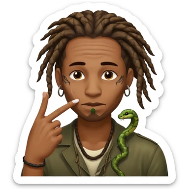 Black man with dreads and snake tattoo on forehead wiping his nose perpendicular with index finger sticker