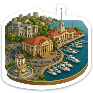 Изометричная, яркая, детализированная и фотореалистичная иллюстрация панорамы города Cочи на круглой подставке в стиле 3D-коллажей городов, здание Морского Порта, Зимний театр, Санаторий имени С. Орджоникидзе, море, причал, яхты чёткие линии, слегка мультяшная стилистика, прозрачный фон, не обрезать края картинки sticker