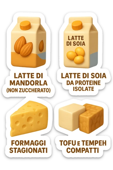 emoji stile iphone 3d di Latte e yogurt delattosati in italiano
Latte di mandorla (non zuccherato)
Latte di soia da proteine isolate
Formaggi stagionati (es. parmigiano)
Tofu compatto e tempeh
 che fluttuano in aria, iperealistico 4k sticker