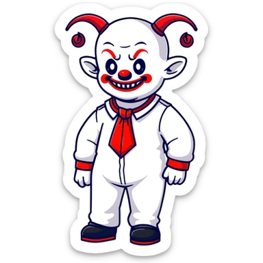 full-body demonic clown in a white leisure suit with bellbottom pants, bald, with black ram horns, wearing elevator shoes, cartoon sticker style sticker