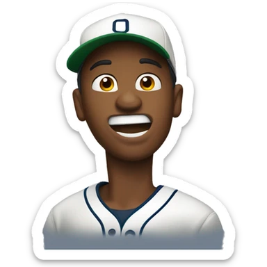 Guy with backwards baseball hat biting lip and pointing to his cheeck sticker