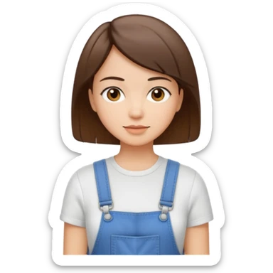 create an emoji of an adult woman but with short straight brown hair, light skin, dark brown eyes and white top with an overall sticker