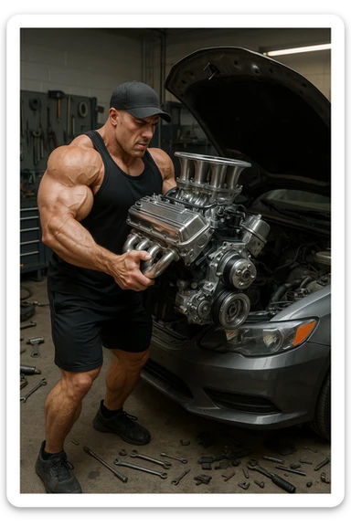 a muscular bodybuilder in gym attire stands next to a car with the hood open, lifting a large, shiny, high-performance engine with ease. His expression is focused and determined as he installs the new engine. The background is a modern garage, with tools and car parts scattered around, emphasizing strength and mechanical skill. sticker