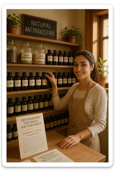 A realistic, well-lit herbal supplement store interior with wooden shelves neatly displaying glass jars and bottles labeled as ‘Chiodi di Garofano’, ‘Acido Butirrico’, and ‘Semi di Pompelmo’, organized in a clean and aesthetic manner. Small handwritten chalkboard signs indicate ‘Natural Antiparasitic Supplements’ above the section. The environment feels warm and trustworthy, with potted green plants adding freshness and a subtle sunlight entering through a window. A young shop assistant with a welcoming smile arranges the products, while informational leaflets about natural parasite cleansing are visible on a wooden counter, creating a holistic and health-conscious atmosphere in Italiano sticker